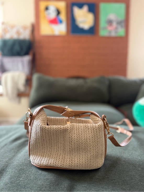 Handbags - Woven Straw Crossbody Bag with Tan Trim